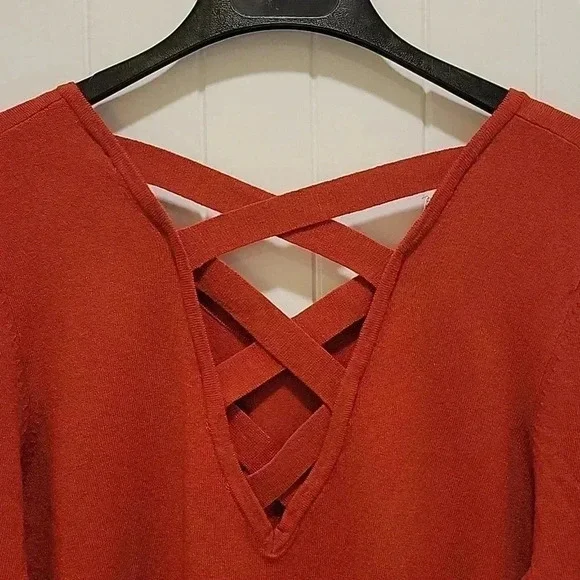 Love Ellie V Neck Lightweight Sweater Criss Cross V Back Burnt Orange Size XXL - Picture 6 of 8